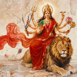 Traditional artistic depiction of Goddess Durga with lion and trident, symbolizing victory, protection, and empowerment in Hindu tradition.
