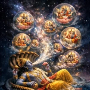 An illustration representing Hindu gods and goddesses with symbolic elements such as trident, lotus, and sacred motifs in a traditional artistic style.