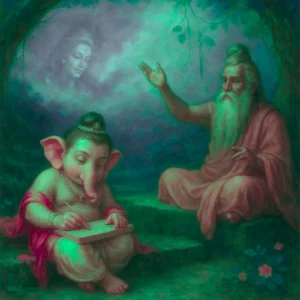 Illustration representing Indian mythology with symbolic elements of ancient scriptures, epic storytelling, and traditional divine imagery.