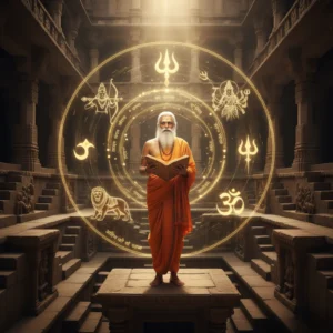 Mythology writer preserving ancient Indian wisdom - manuscript, sacred texts, and symbolic storytelling representing ethical interpretation
