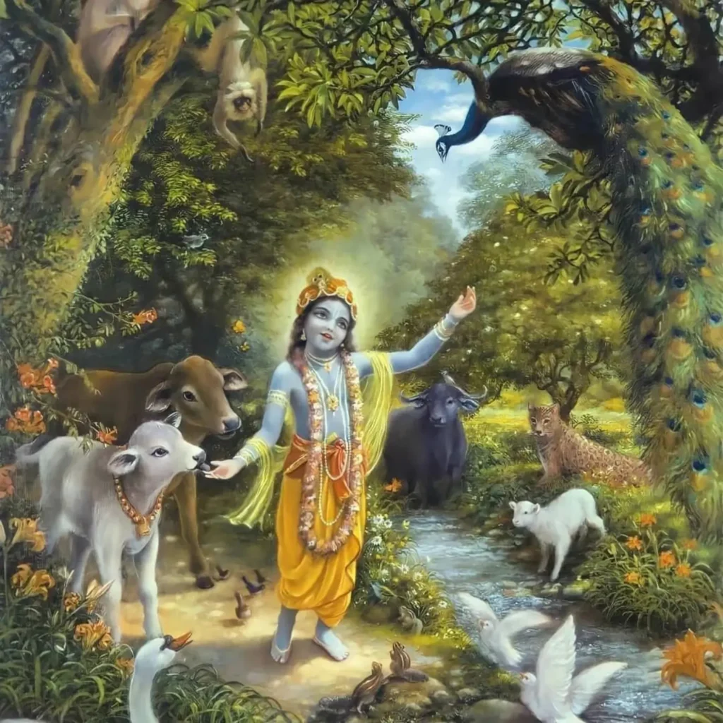 Krishna divine lover and teacher in Bhagavad Gita, Radha Krishna leela scene with Govinda in Hindu spiritual art