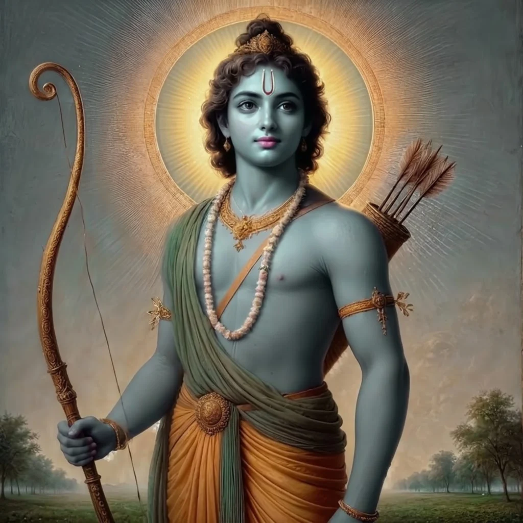 Traditional artistic depiction of Lord Rama holding a bow, symbolizing dharma, ideal kingship, and his role in the Ramayana.