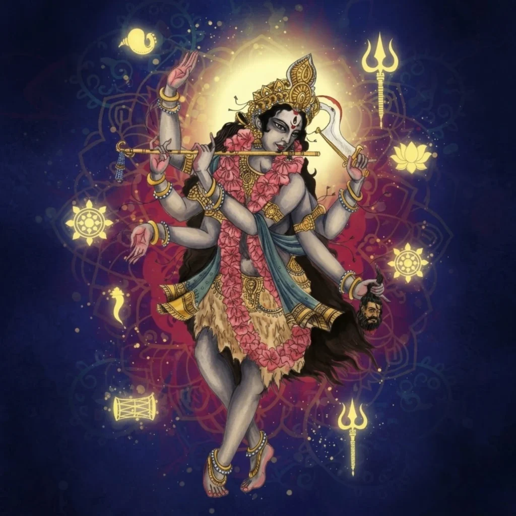 Traditional artistic depiction of Goddess Kali with symbolic elements representing time, transformation, and divine power in Hindu philosophy.