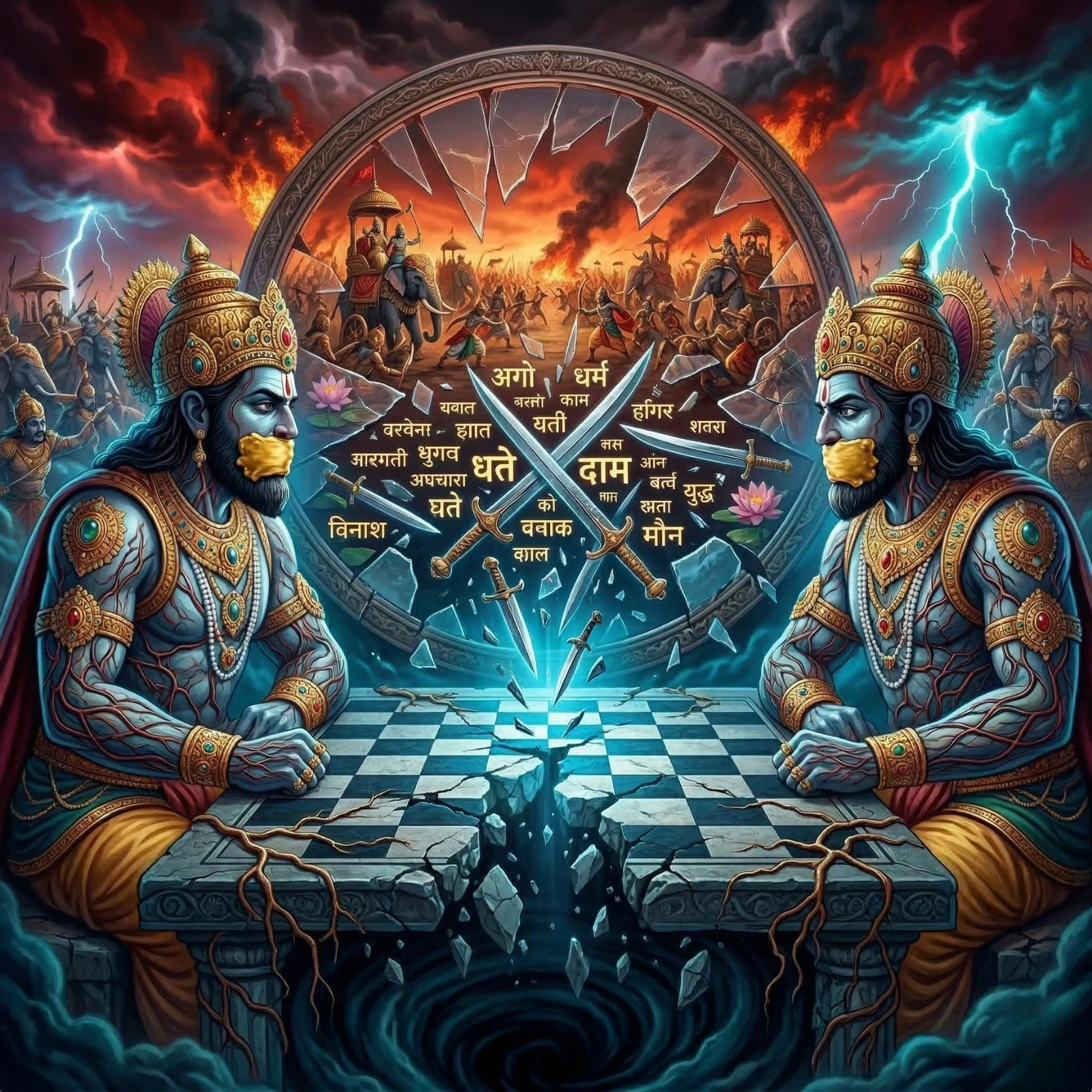 A surreal split-brain illustration showing ancient Indian warriors on a Kurukshetra battlefield inside a human mind, representing the psychology of war in the Mahabharata