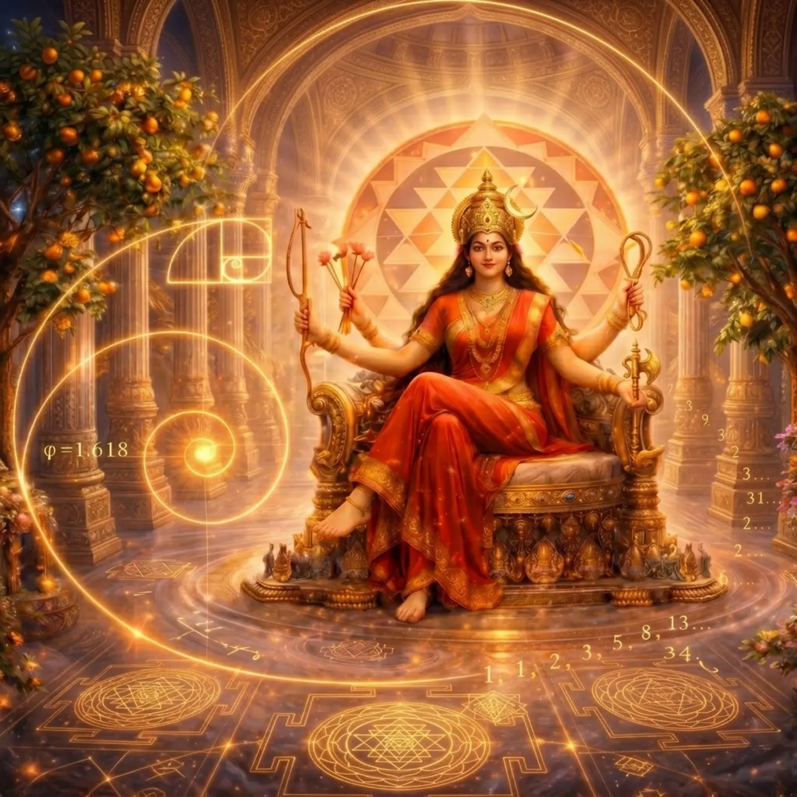 Illustration showing golden ratio proportions, Fibonacci spiral, and Sri Yantra geometry representing the connection between beauty, mathematics, and sacred design