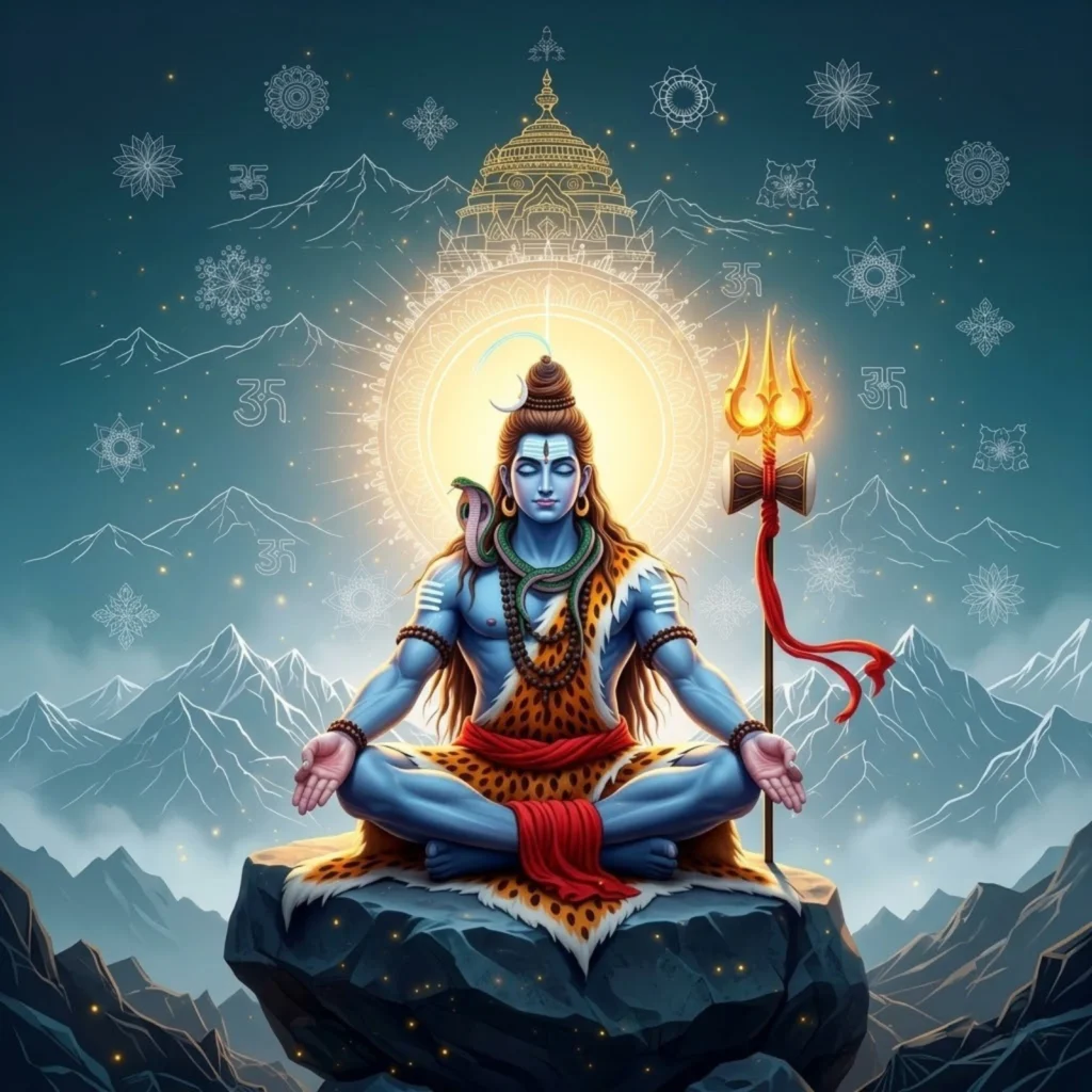 Meditating Shiva representing stillness and consciousness surrounded by cosmic motion symbolizing the balance between change and awareness
